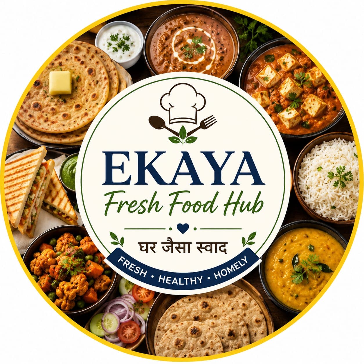 A spread of Ekaya dishes — parathas, dal makhani, kadhai paneer, rice and raita